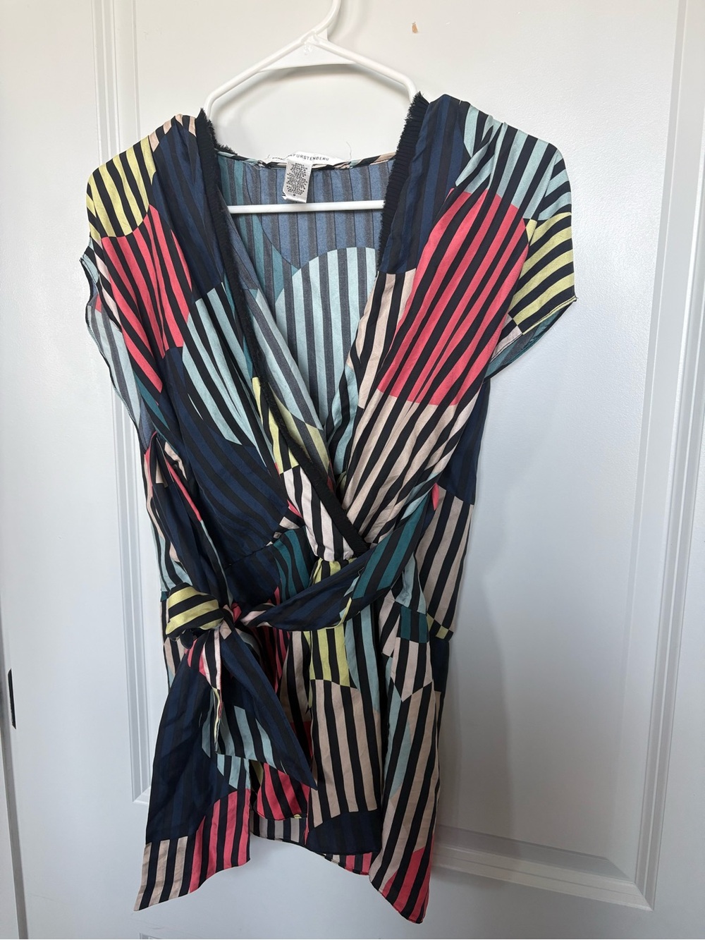 Diane Von Furstenberg Navy Multicolor Striped Wrap style top